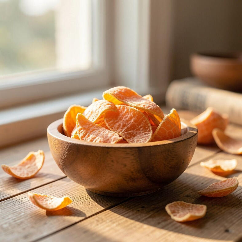 Dried tangerine peel pieces in a small wooden bowl