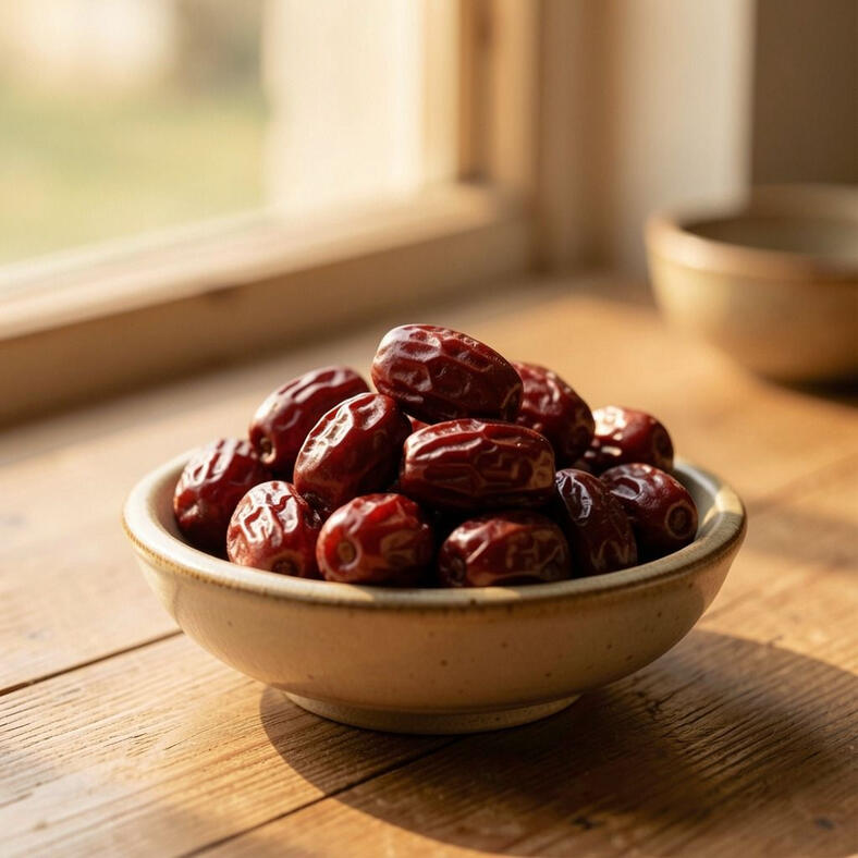 Dried Chinese red dates in a small ceramic bowl