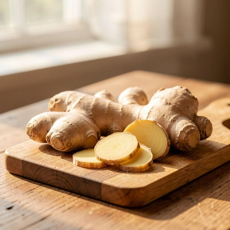 Fresh ginger root and slices on a small cutting board