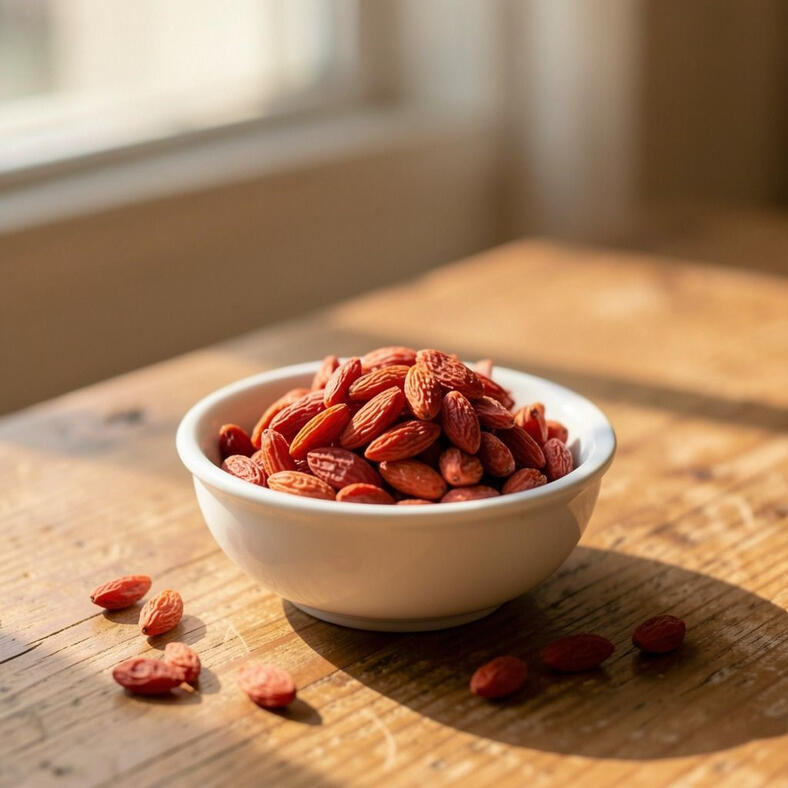 Goji berries Dried goji berries in a small white porcelain dish