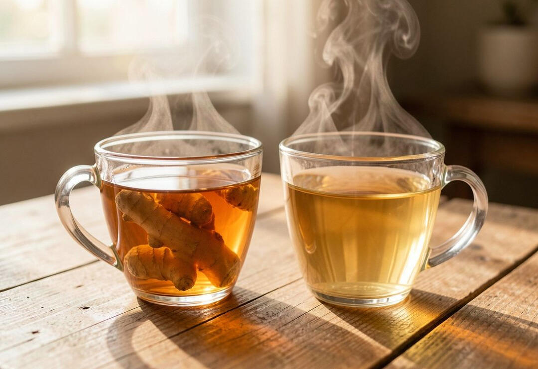 Two warm homemade brews in glass cups on a wooden table