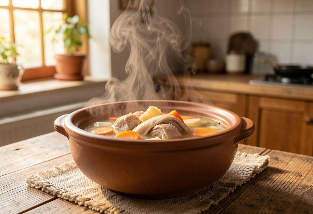A clear slow-cooked soup in a brown clay pot
