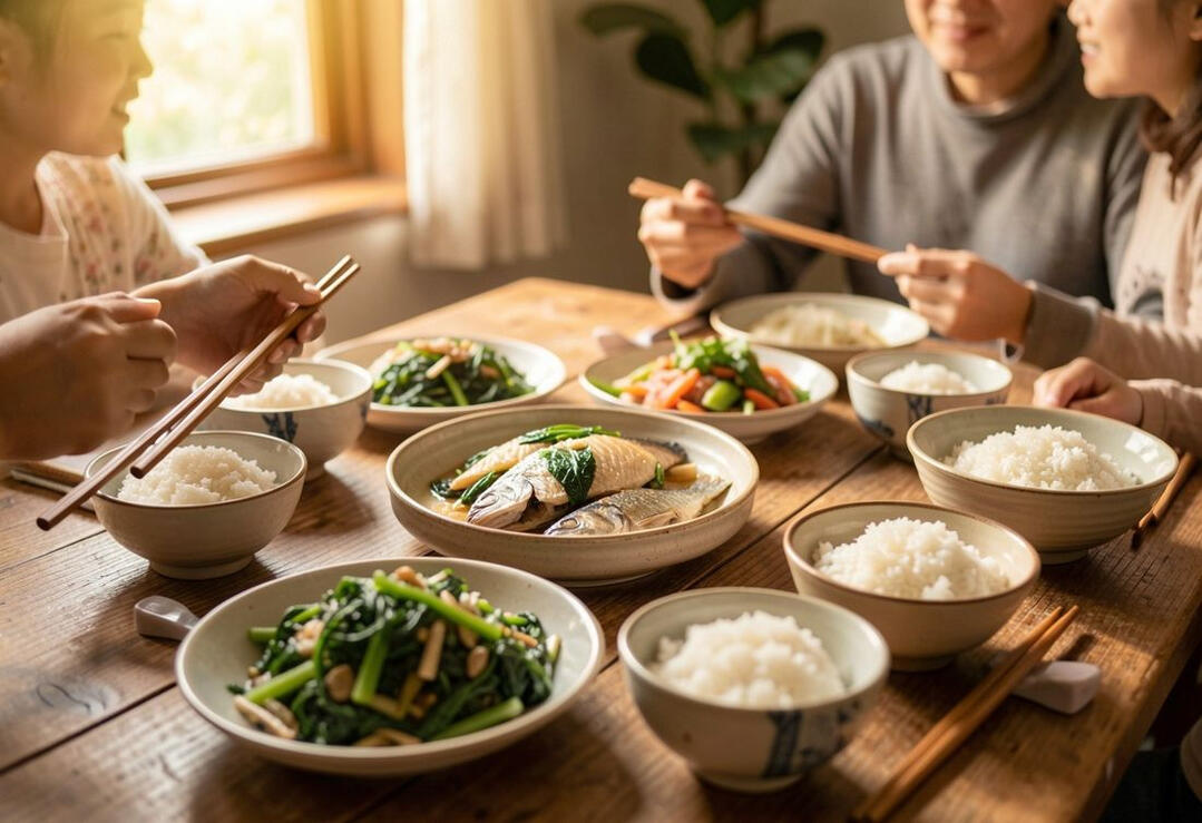 A home-cooked family dinner with greens, steamed fish, and rice
