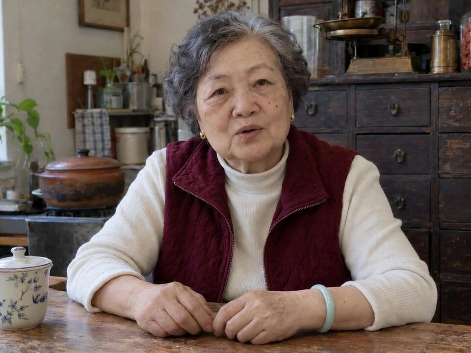 AI-generated portrait of Popo Chen, a fictional character, at her kitchen table