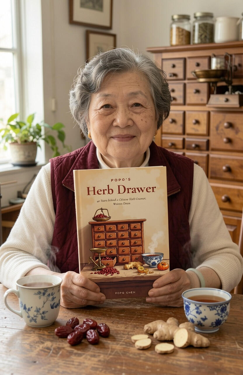 Popo Chen at her kitchen table with tea, holding Popo’s Herb Drawer